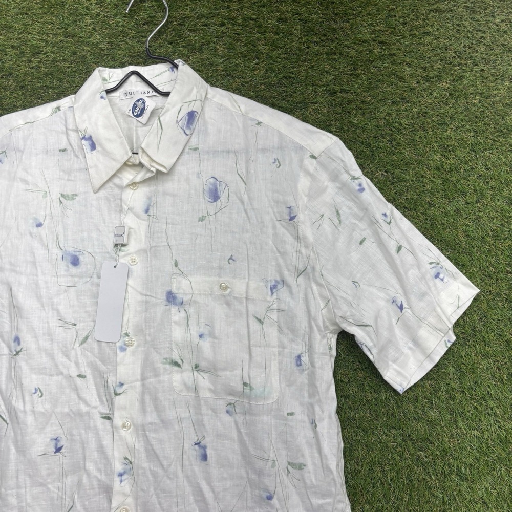 TULLIANO Linen Shirt Mens Medium Short Sleeve Button-Up White Floral NWT